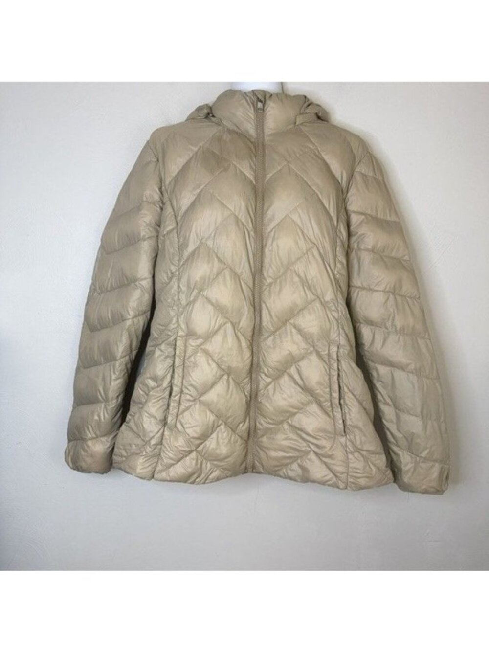 London Fog Down Packable Full Zip Jacket Beige L Light Weight Diamond Pattern